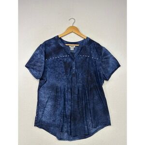 Boho Artistic Sienna Grace Women 2X Blue Tie Dye Studded Pleated Blouse Ethereal